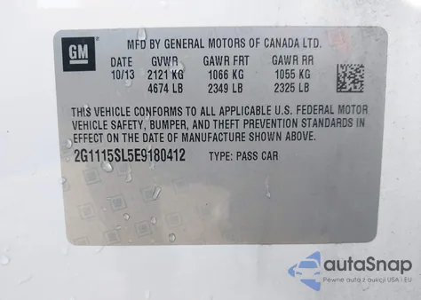 2014 Chevrolet Impala 1Lt z USA, uszkodzony, nr VIN 2G1115SL5E9180412